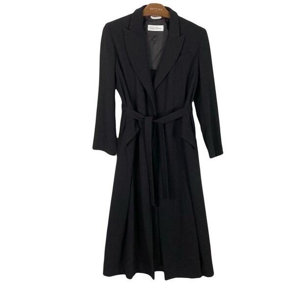 NWOT Vintage MAXMARA Coat Jacket 8 Black Wool Tie Long Sleeve Button Slit Pocket - Picture 1 of 12
